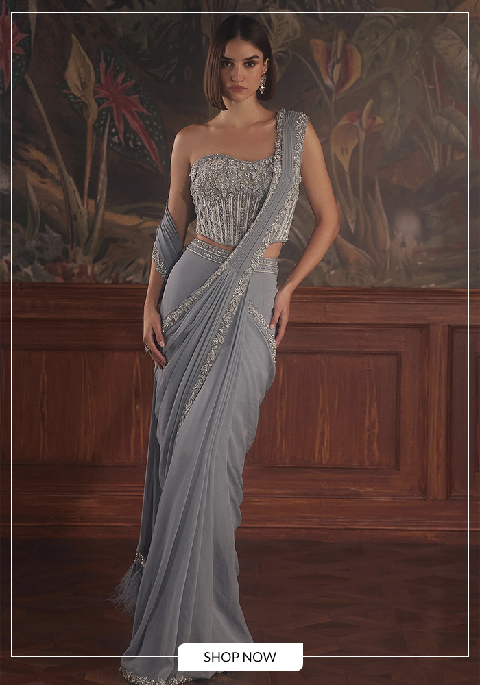 Floral embroidered corset and saree set