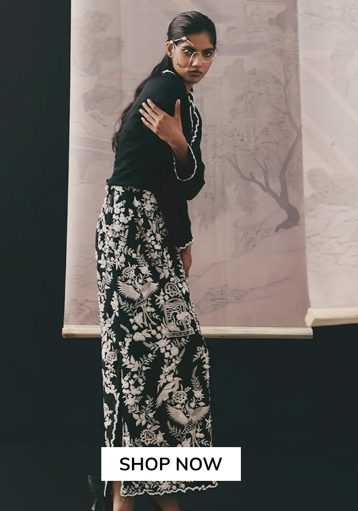 Floral embroidered crepe floral skirt