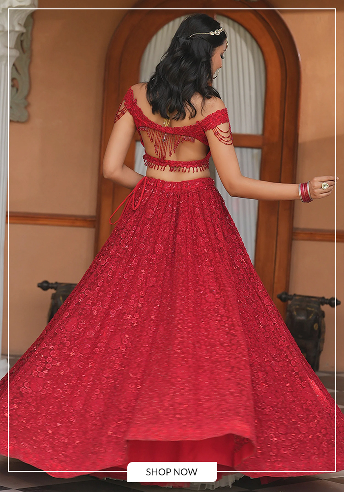 Floral embroidered red bridal lehenga
