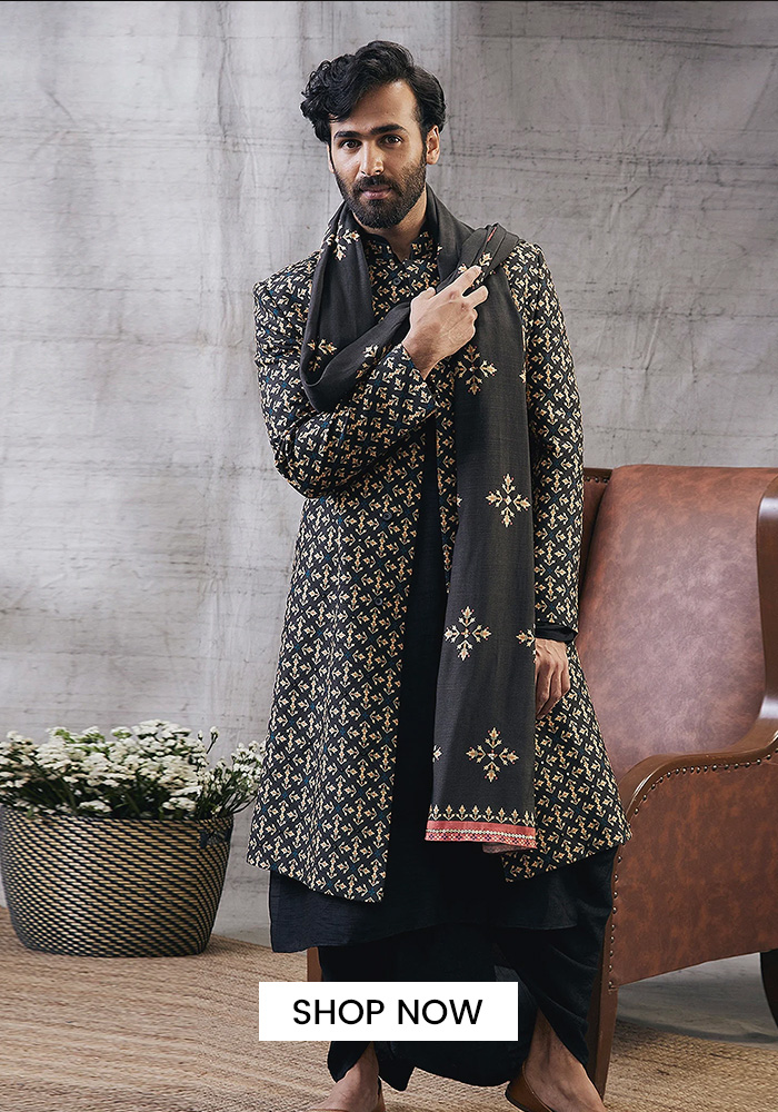 Geometric print longline jacket kurta set
