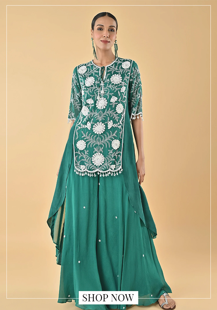 Green silk organza tunic set