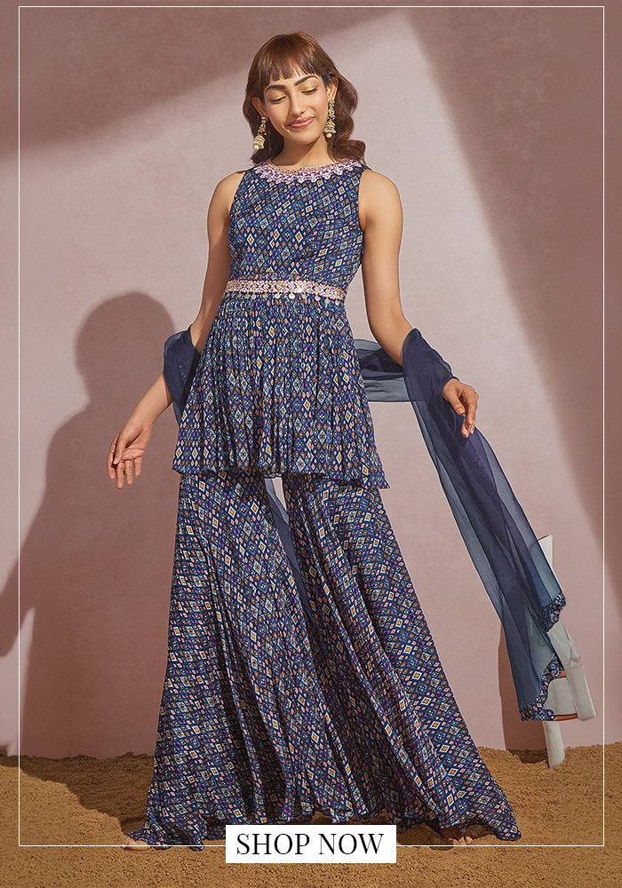 Ikkat printed peplum kurta and sharara set