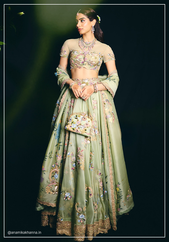 Khushi Kapoor in sage green Anamika Khanna floral lehenga