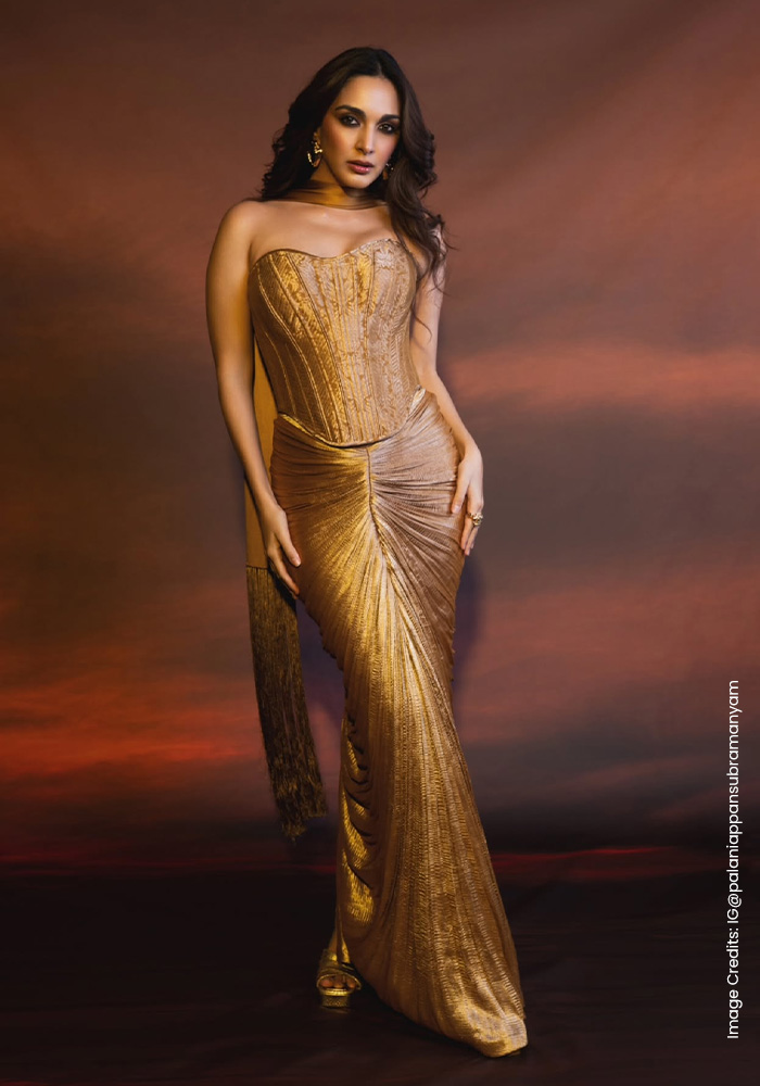 Kiara Advani wearing gold corset set for Toxic Promotions