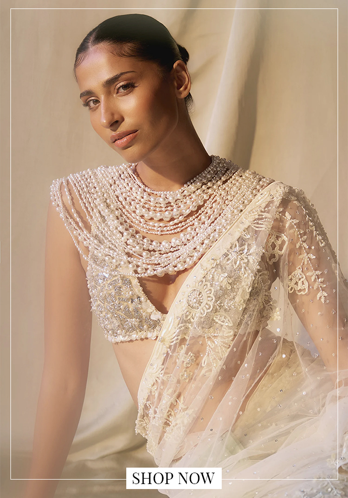 Pearl embroidered white saree blouse