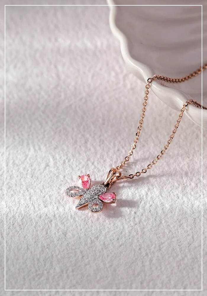 Pink wings butterfly pendant necklace