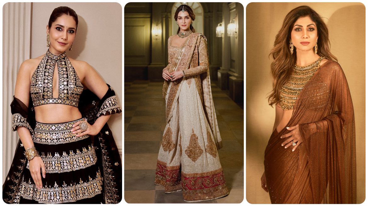 Rashi Khanna, Kriti Sanon and Shilpa Shetty in gold outfits