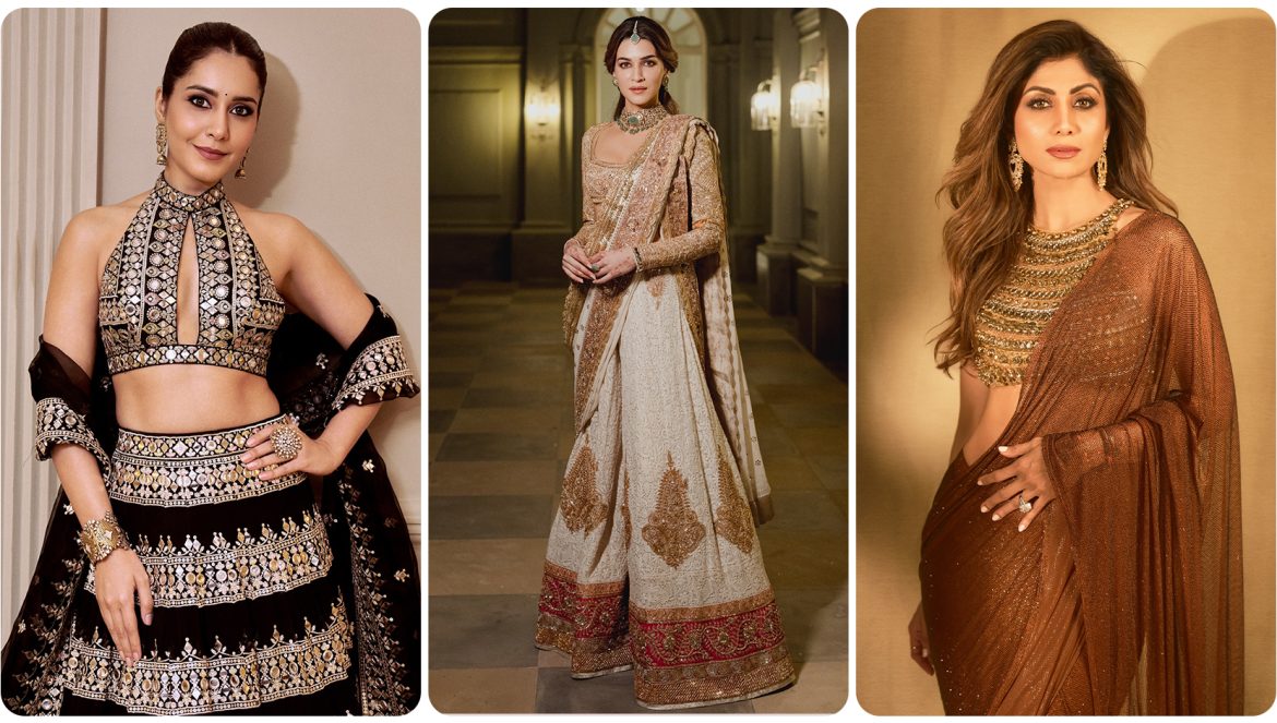 Rashi Khanna, Kriti Sanon and Shilpa Shetty in gold outfits