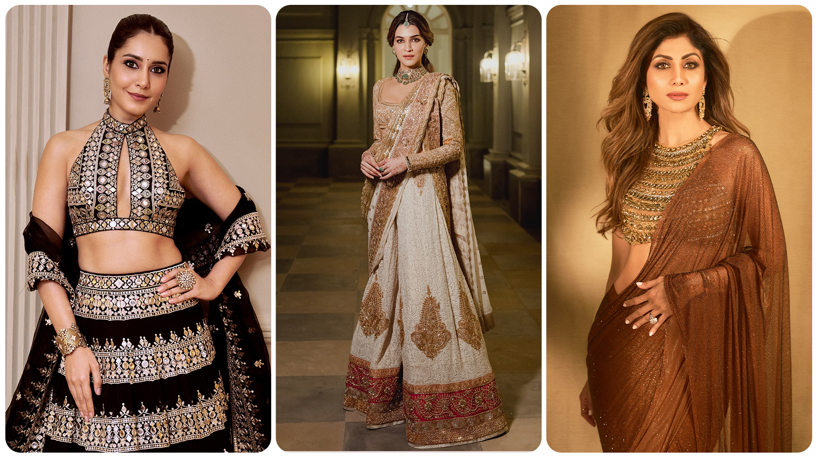 Rashi Khanna, Kriti Sanon and Shilpa Shetty in gold outfits