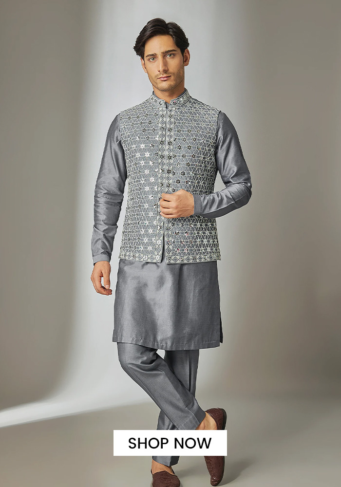 Raw silk hand embroidered nehru jacket set