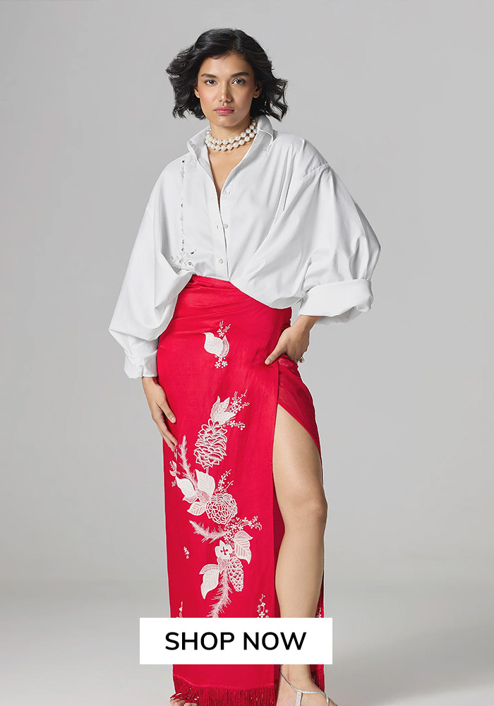 Red embroidered side slit floral skirt