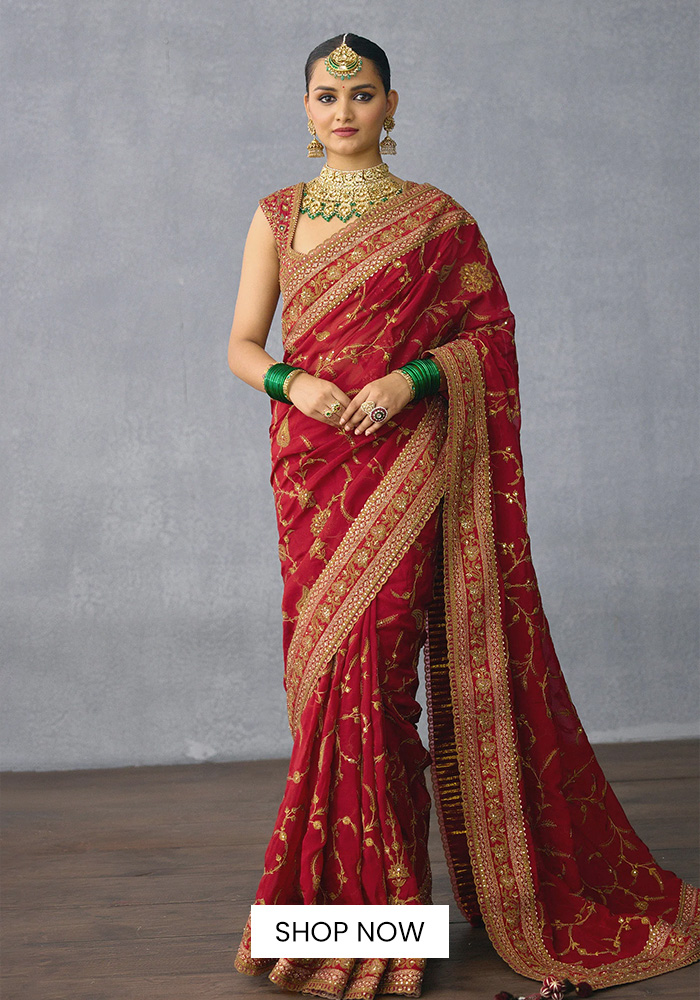 Red zari embrodiered Torani saree