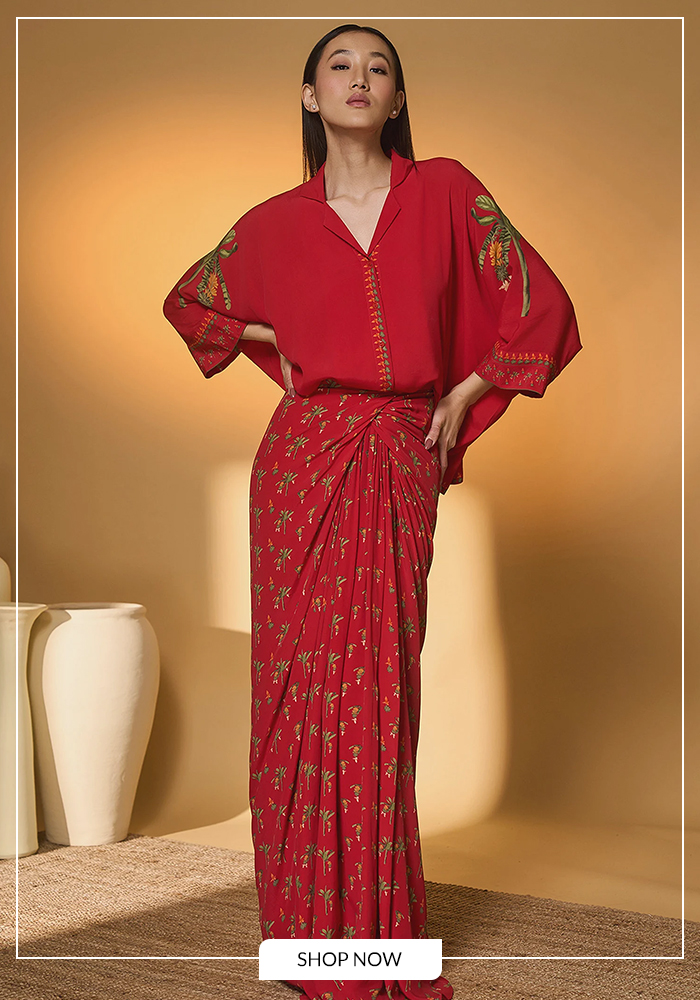 Tropical print v-neck shirt and skirt set