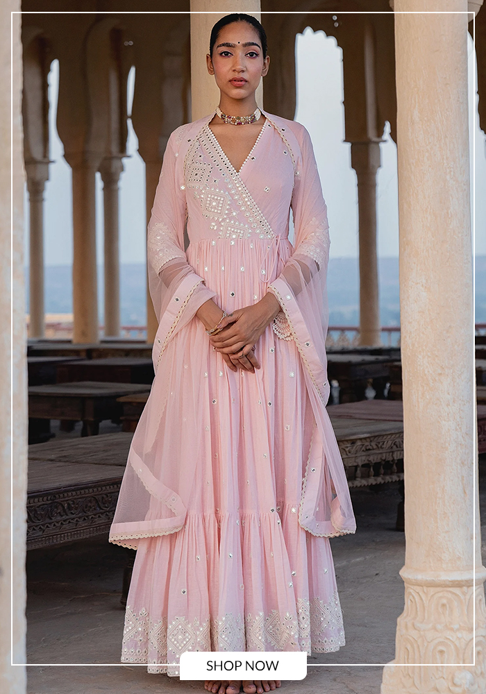V-neck blush pink embroidered angarkha anarkali