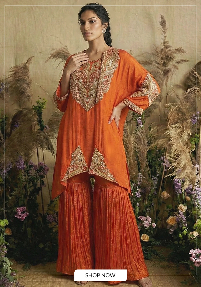 Tangerine Shararas and Ghararas for Pre-Wedding Events 
