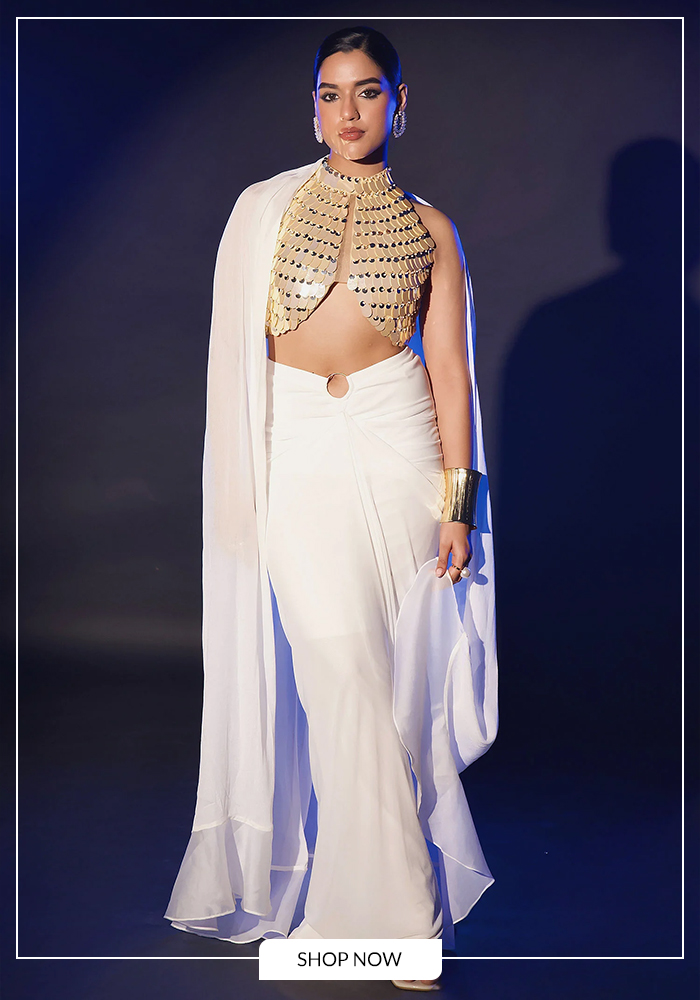 White and gold draped skirt set