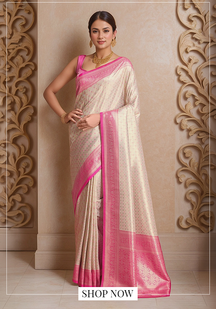 White and pink kanjeevaram saree