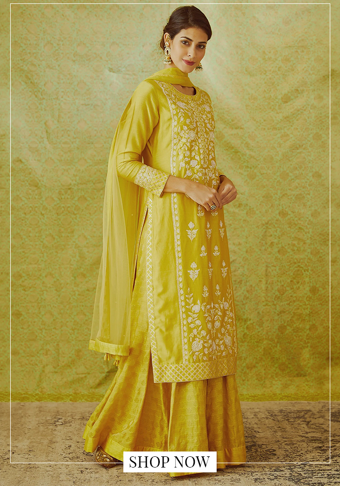 Yellow banarasi kurta lehenga set
