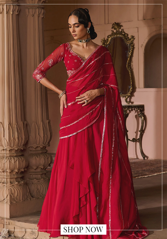 Red Pre-Draped Saree for a Contemporary Navratri Aesthetic