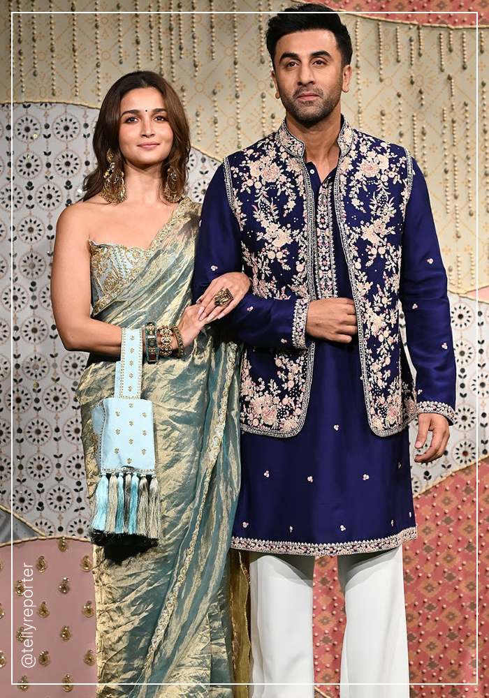 Alia Bhatt wearing House of Masaba saree and Ranbir Kapoor wearing deep purple sherwani for Ganesh Chaturthi celebrations