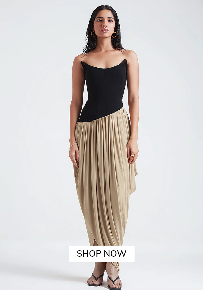 Beige and black drop waist gown in Maheswari fabric
