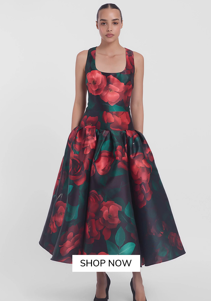 Black floral printed drop waist midi dress