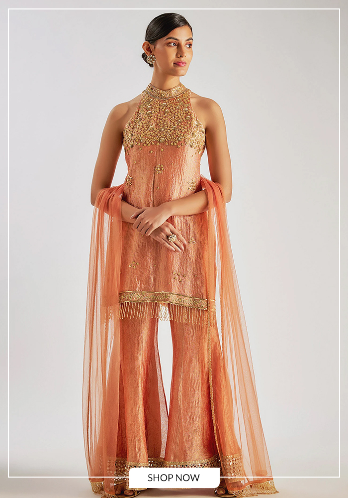 Crushed silk tissue kurta set
