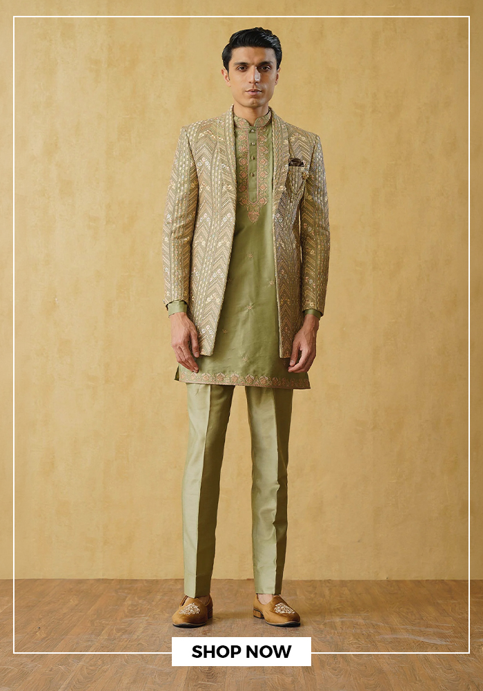 Embroidered front open sherwani set