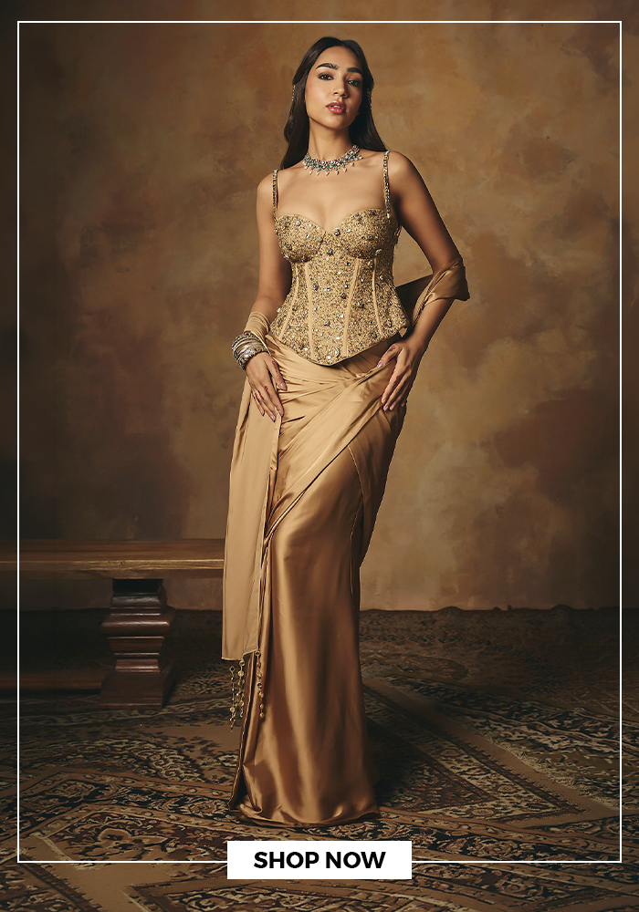 Gold pre-draped saree and corset hand embroidered blouse