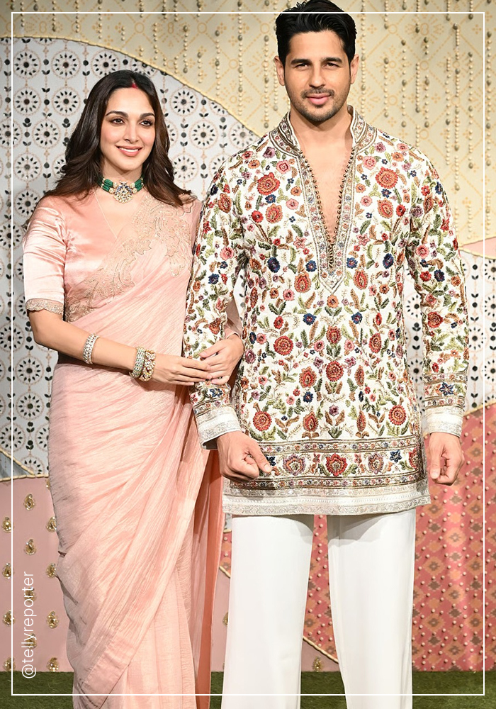 Kiara Advani in blush pink saree and Sidharth Malhotra in ivory short kurta