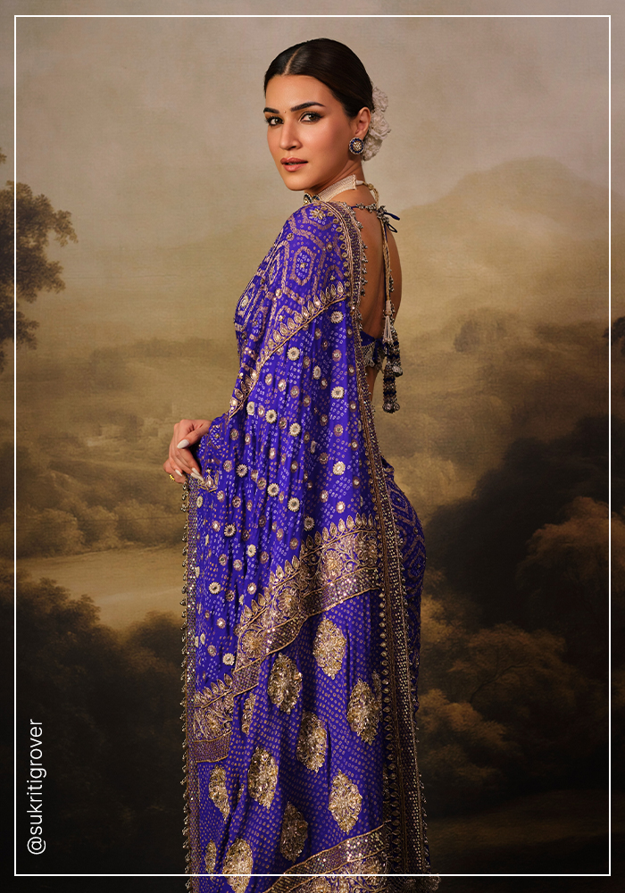 Kriti Sanon wearing rich blue Manish Malhotra bandhani saree for Ganesh Chaturthi ceebrations 2026