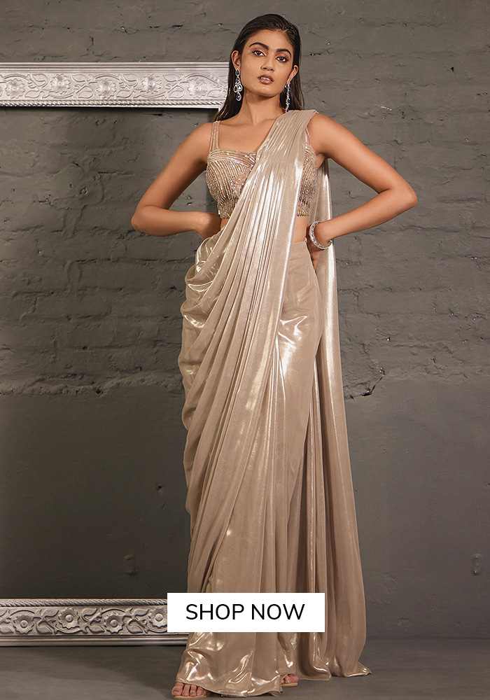 Metallic saree for Durga Puja