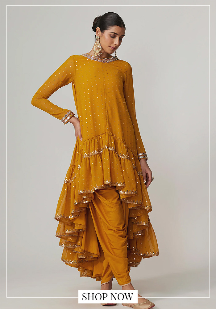 Mustard sequin embroidered asymmetrical kurta dhoti set for UK Garba night