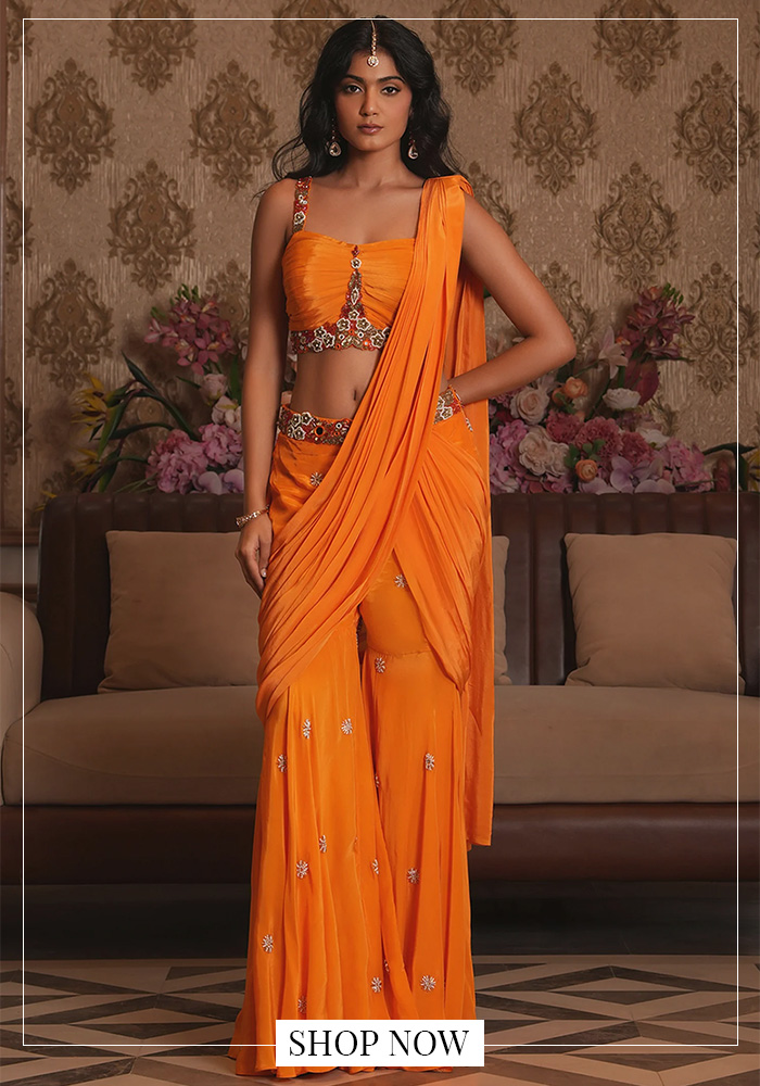 Orange pre-draped sharara saree for UK garba night