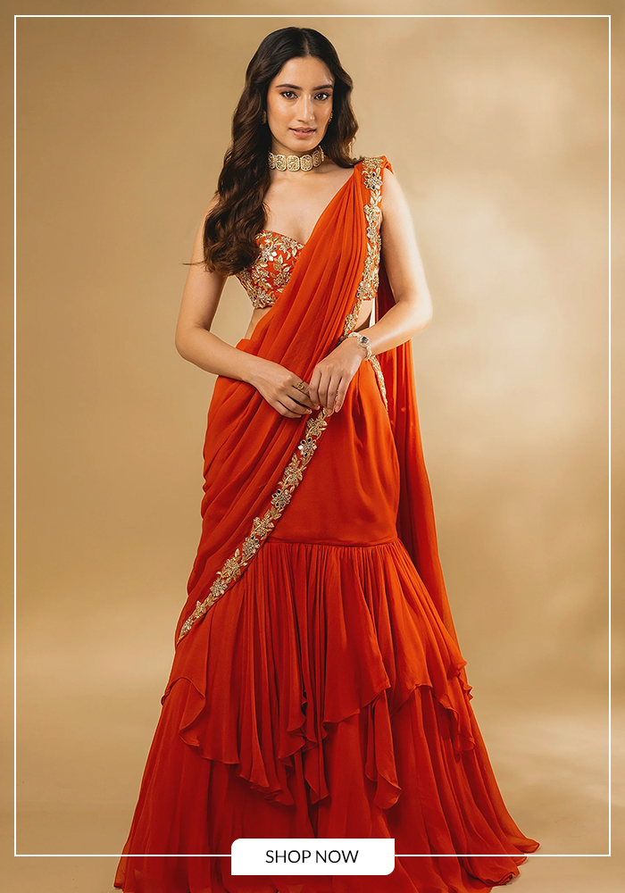 Orange ruffle lehenga saree for navratri day 4