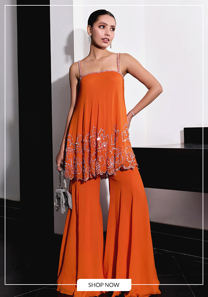 Orange top and bell-bottom flared pant for navratri day 4