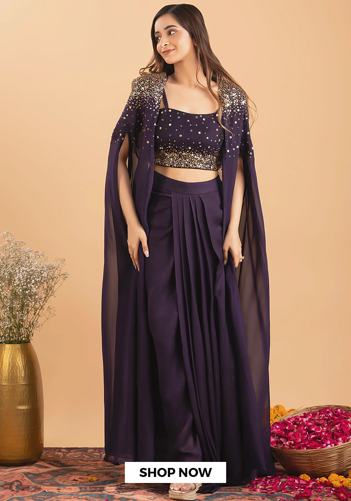 Purple Sequin embroidered cape and draped skirt set for navratri day 9
