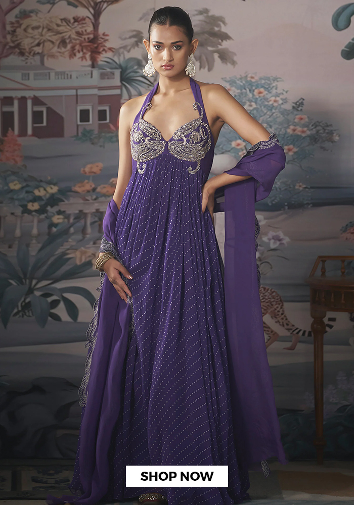 Purple bandhani print anarkali with dupatta for Navratri Day 9