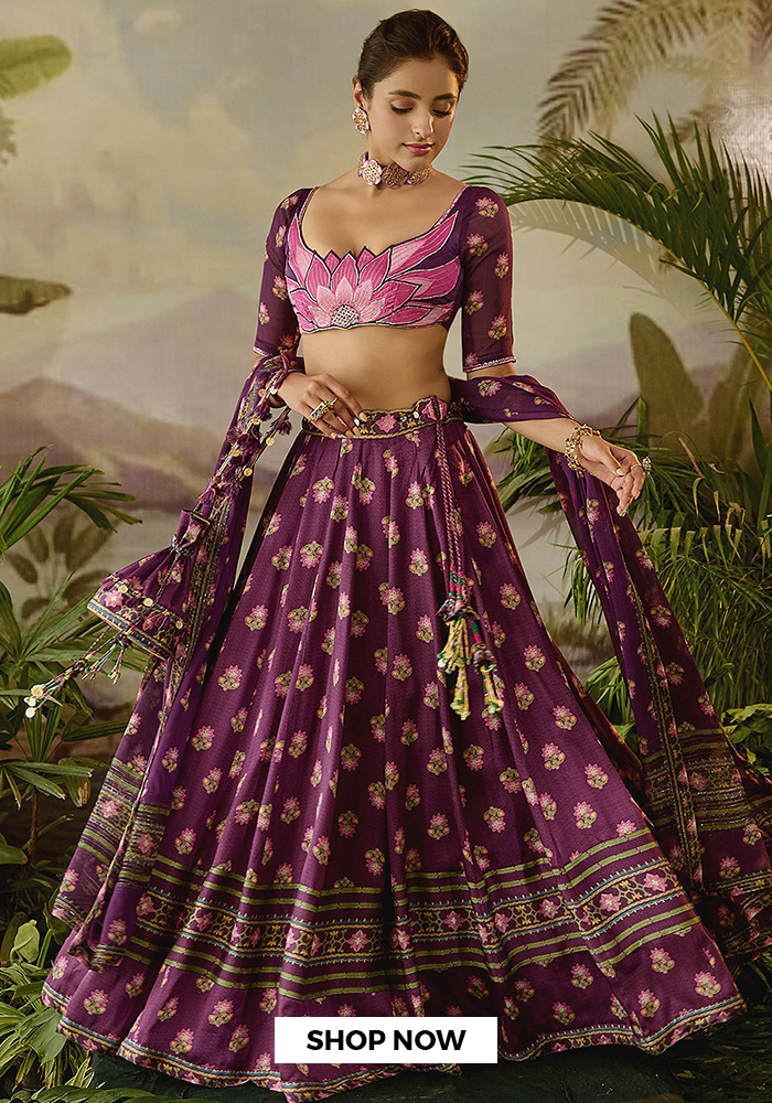 Purple lotus motif lehenga set for navratri day 9