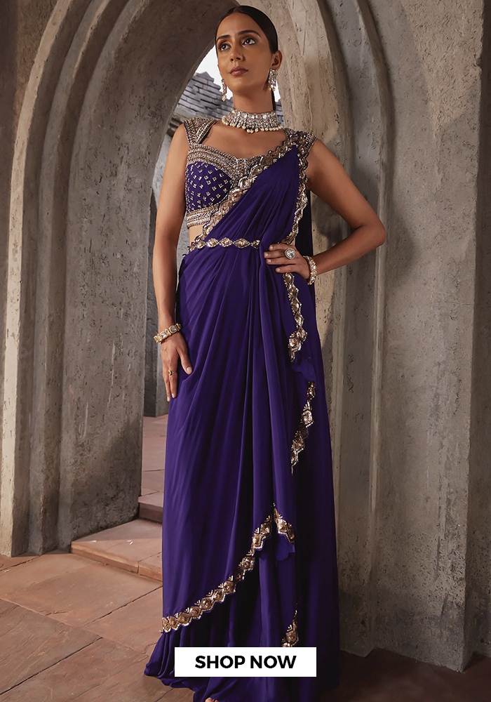 Purple sequin embroidered pre-draped saree for Navratri day 9