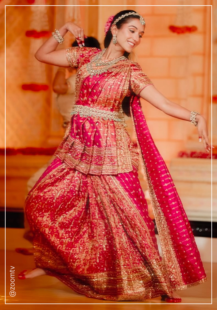 Radhika Merchant wearing jewel pink Manish Malhotra saree