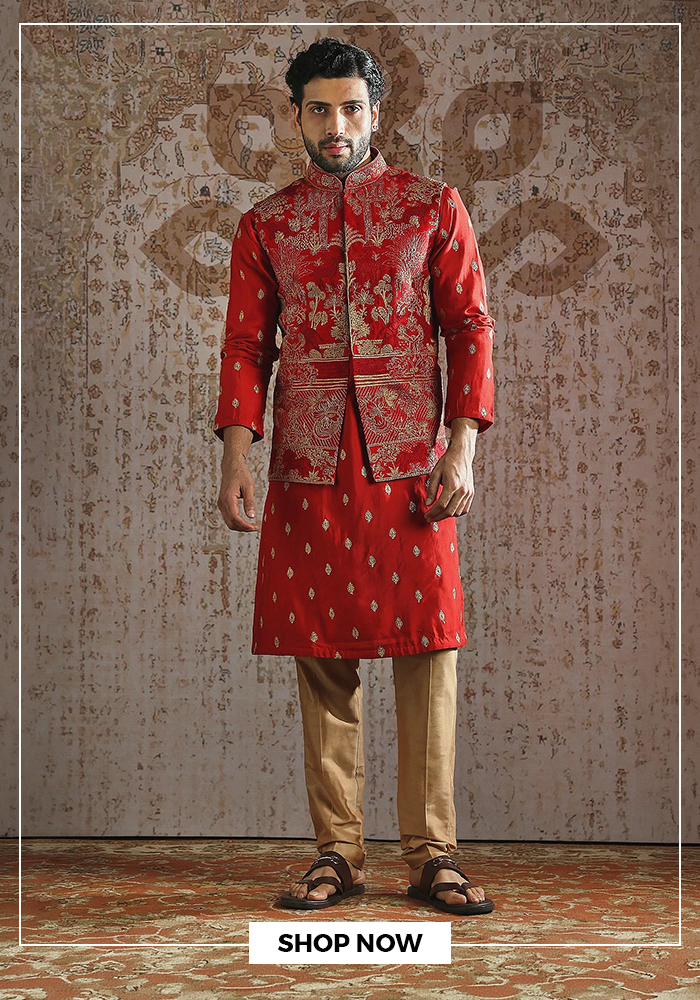 Raw silk embroidered bundi kurta set for diwali house party
