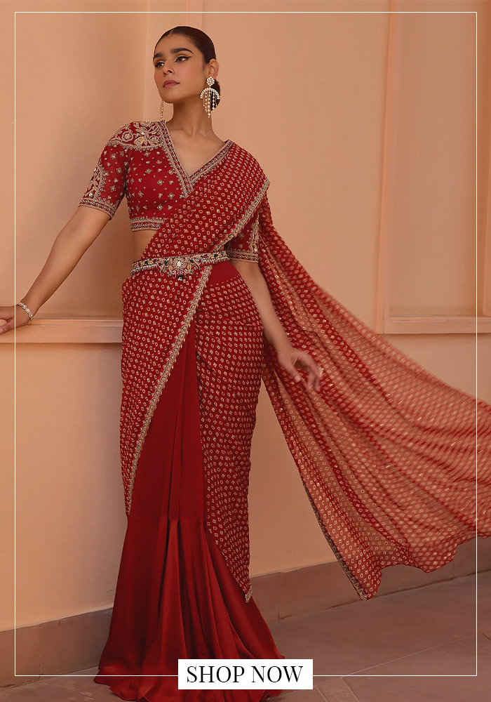 Red bandhani pre-draped saree for garba night in UK