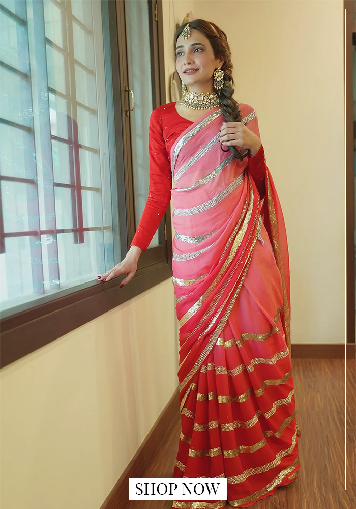 Red chiffon sequinned saree for NZ Karwa Chauth