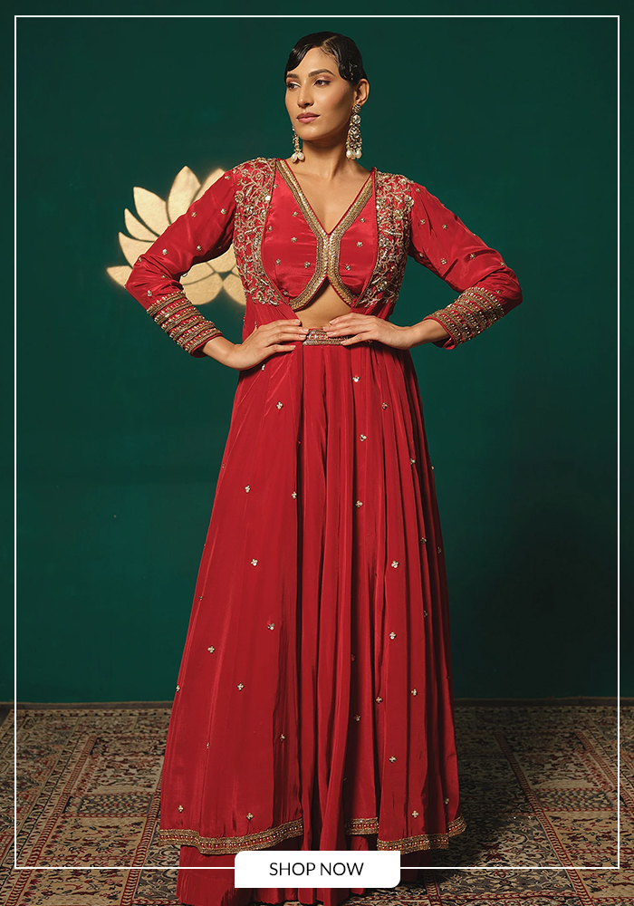 Red long cape and skirt set for Karwa Chauth