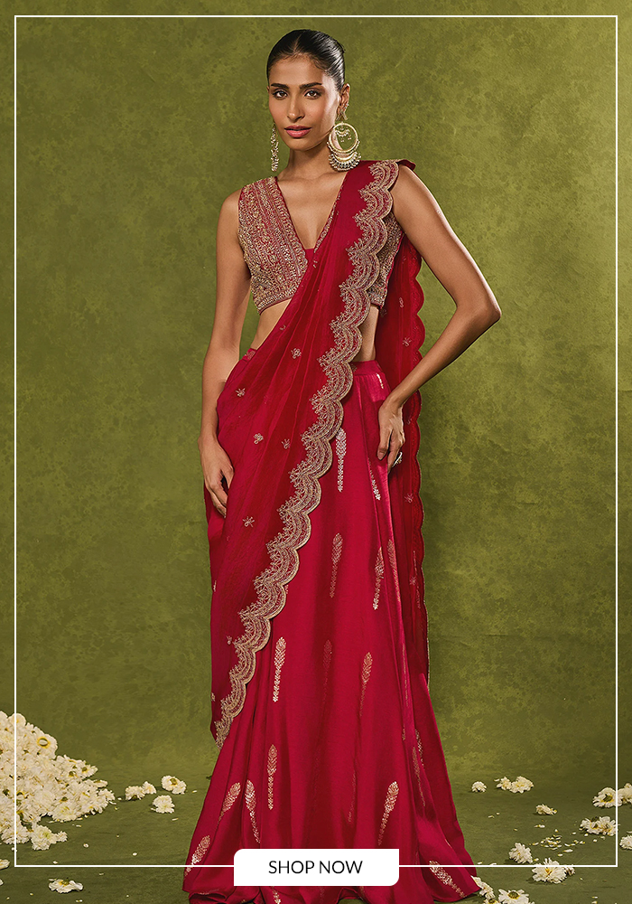 Red pre-draped lehenga saree set for Karwa Chauth