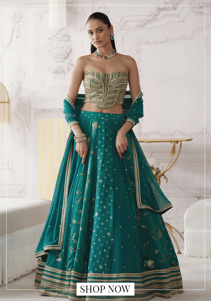 Royal teal embroidered lehenga set for day 2 of navratri