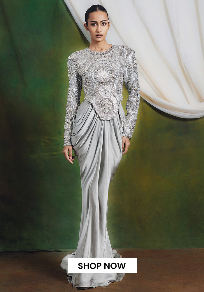 Silk jacket with cowl dress