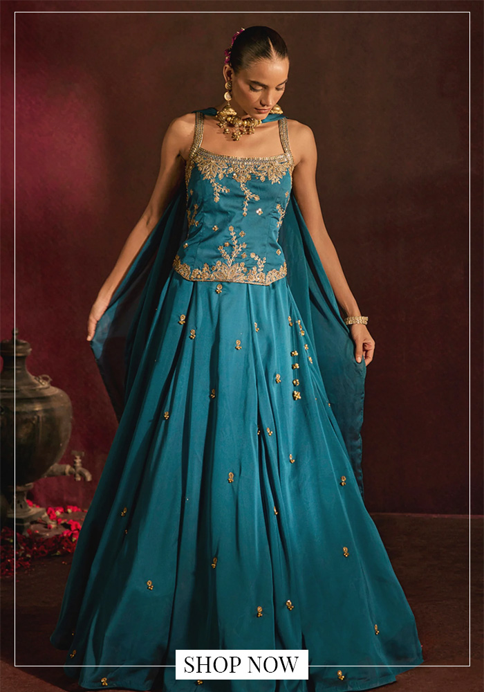 Teal butti embellished lehenga set for day 2 of navratri