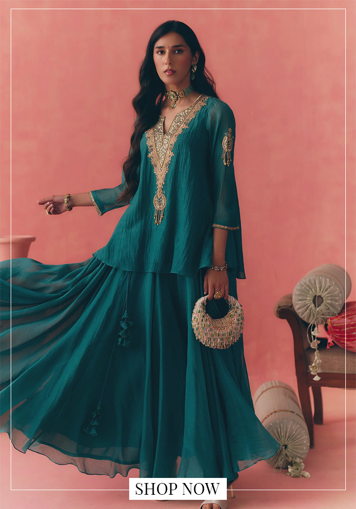 Teal chanderi top and skirt set for day 3 of navratri